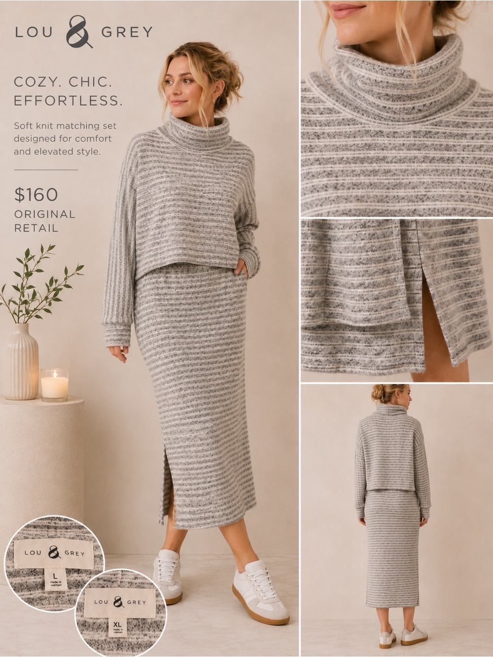 Lou & Grey Striped Knit Turtleneck Top in Light Gray